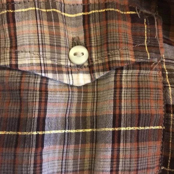 Converse button up brown/gold plaid v-neck top SizeSmall EUC - Picture 7 of 7